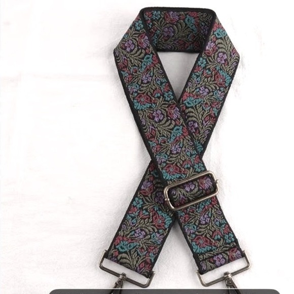 Floral Embroidered Purse Strap Adjustable Crossbody Guitar Style Gold Hardware - Picture 8 of 8